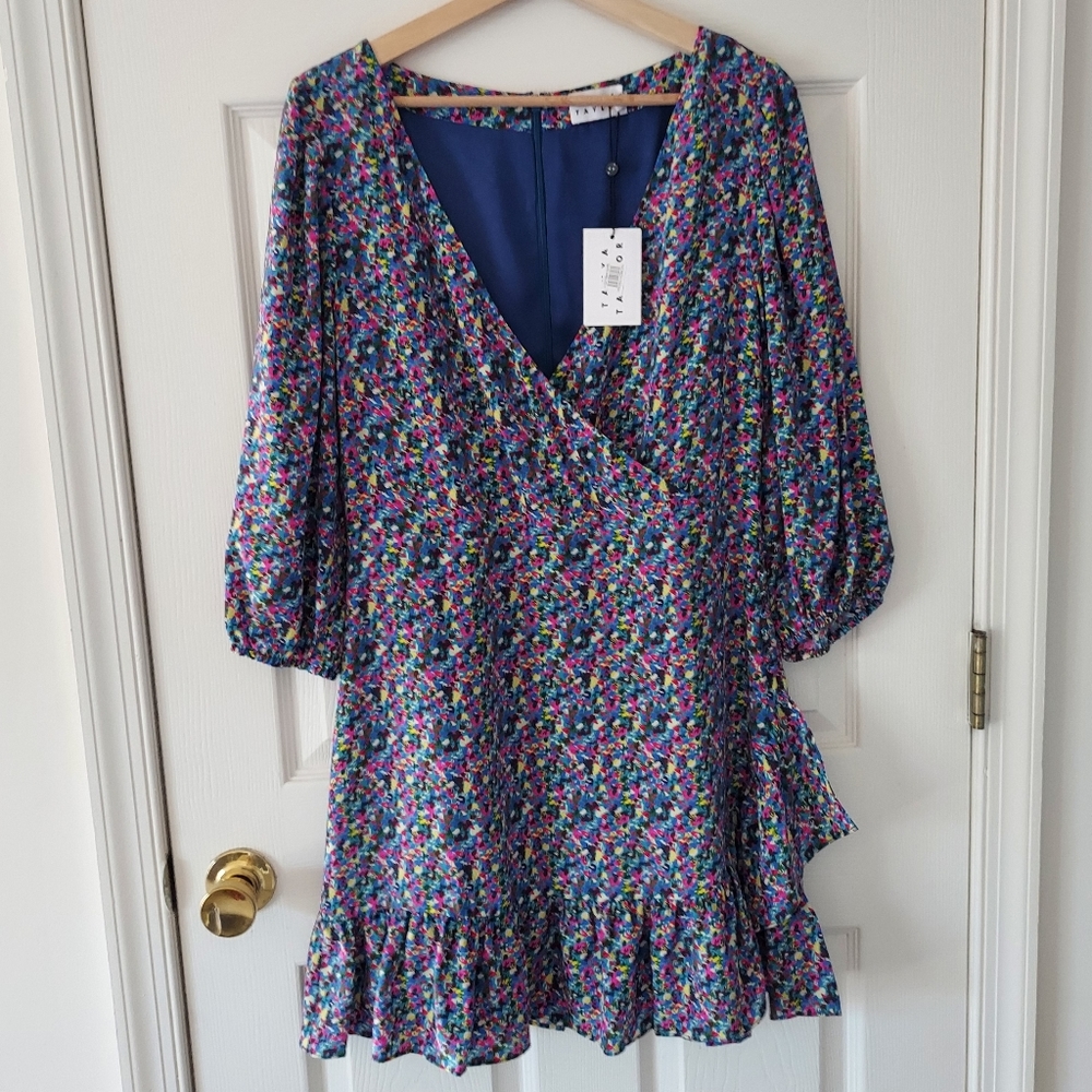NWOT Tanya Taylor Blue Confetti Silk Ruffle Bernadina Mini Dress Size 10